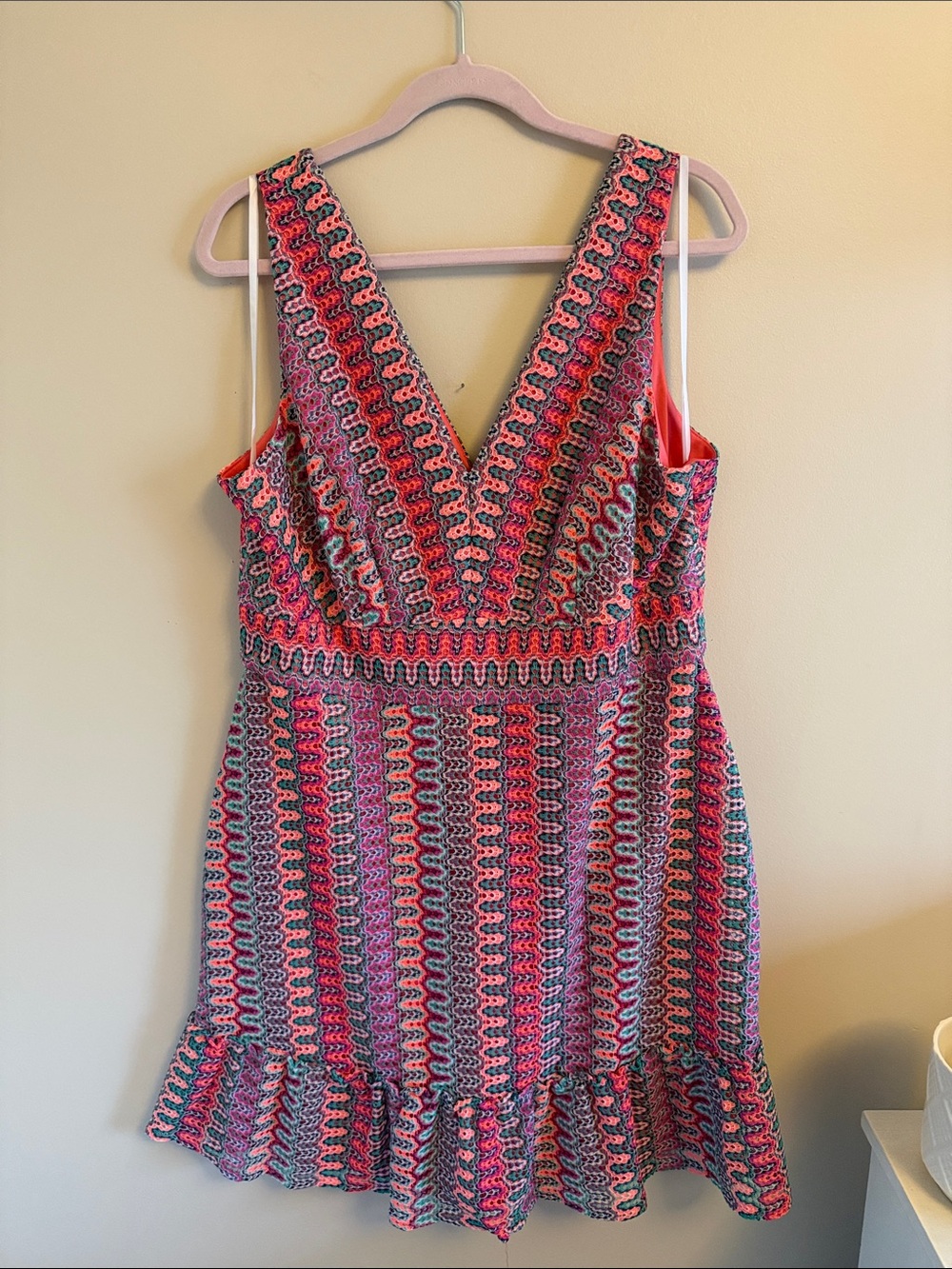 Donna Morgan Pink Multi Crochet-Style V-Neck Dress